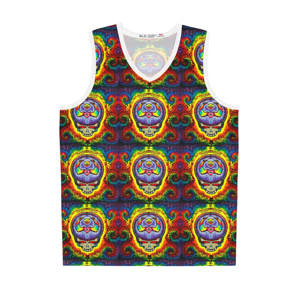 Psychedelic Grateful Dead Skull Basketball Jersey – Rainbow Tie-Dye AOP