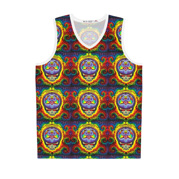 Psychedelic Grateful Dead Skull Basketball Jersey – Rainbow Tie-Dye AOP