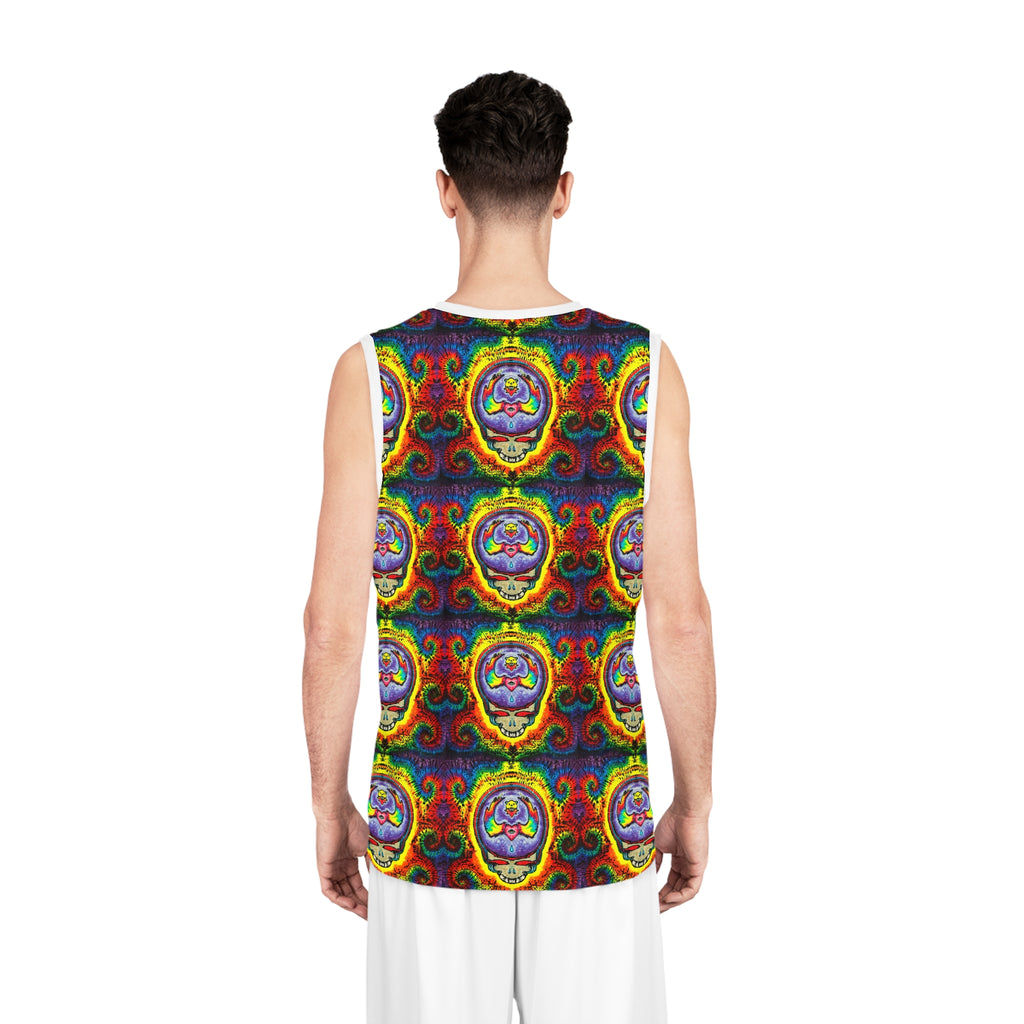 Psychedelic Grateful Dead Skull Basketball Jersey – Rainbow Tie-Dye AOP