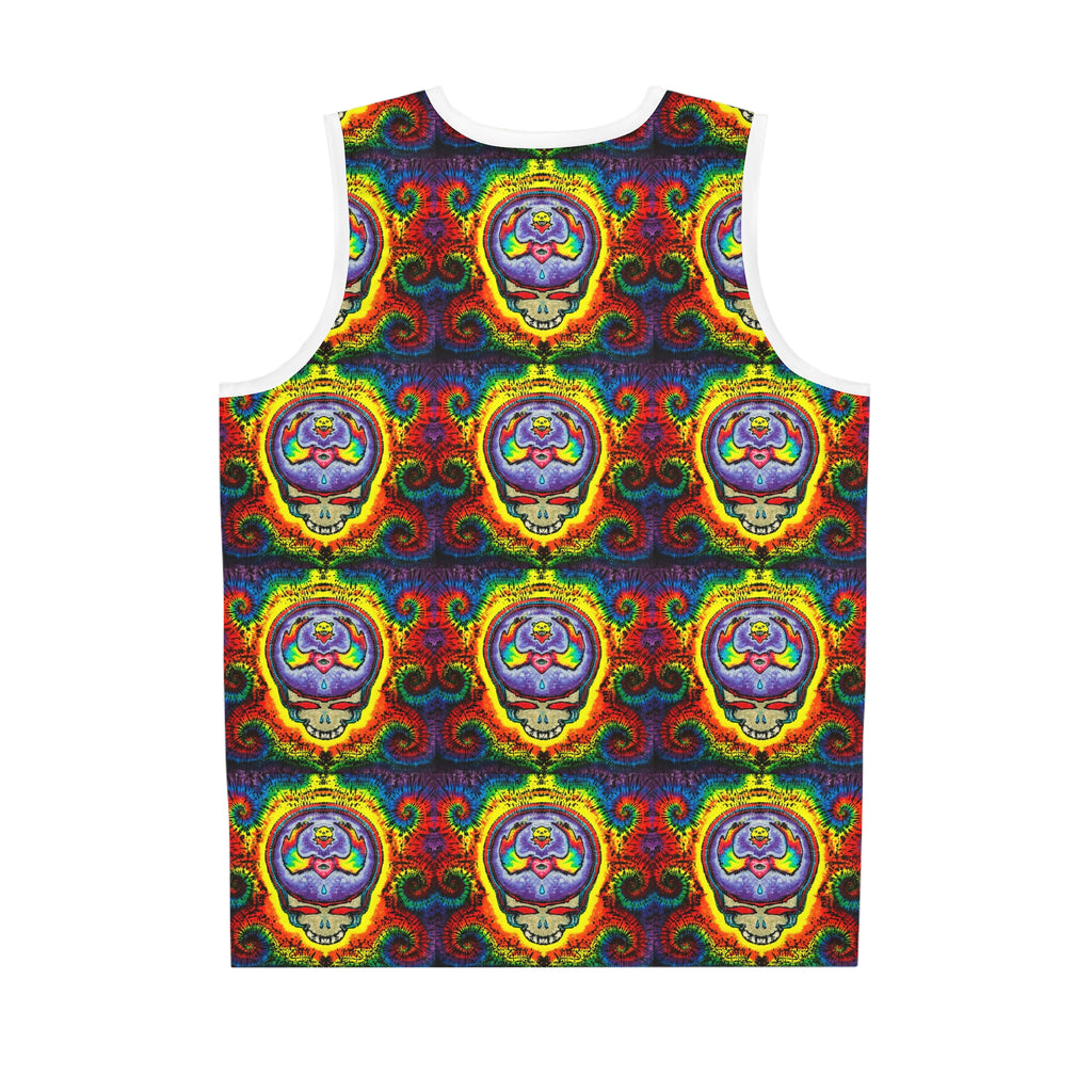 Psychedelic Grateful Dead Skull Basketball Jersey – Rainbow Tie-Dye AOP