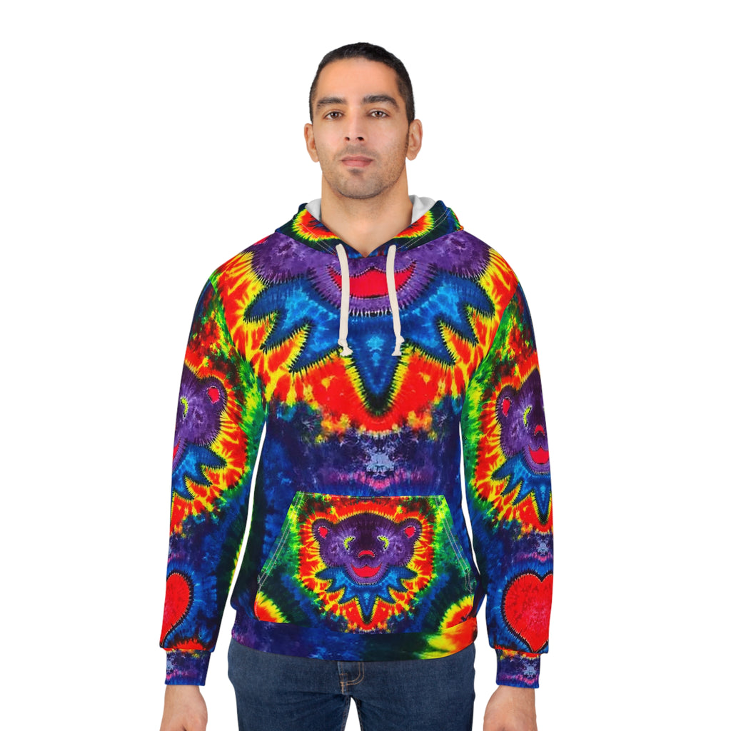 Purple Dancing Bear Hearts Tie-Dye AOP Hoodie | JamminOn