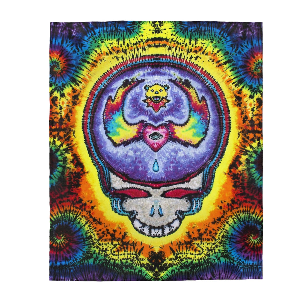 Grateful Dead Stealie tie-dye plush blanket with dancing bear and Steal Your Face skull design by JamminOn