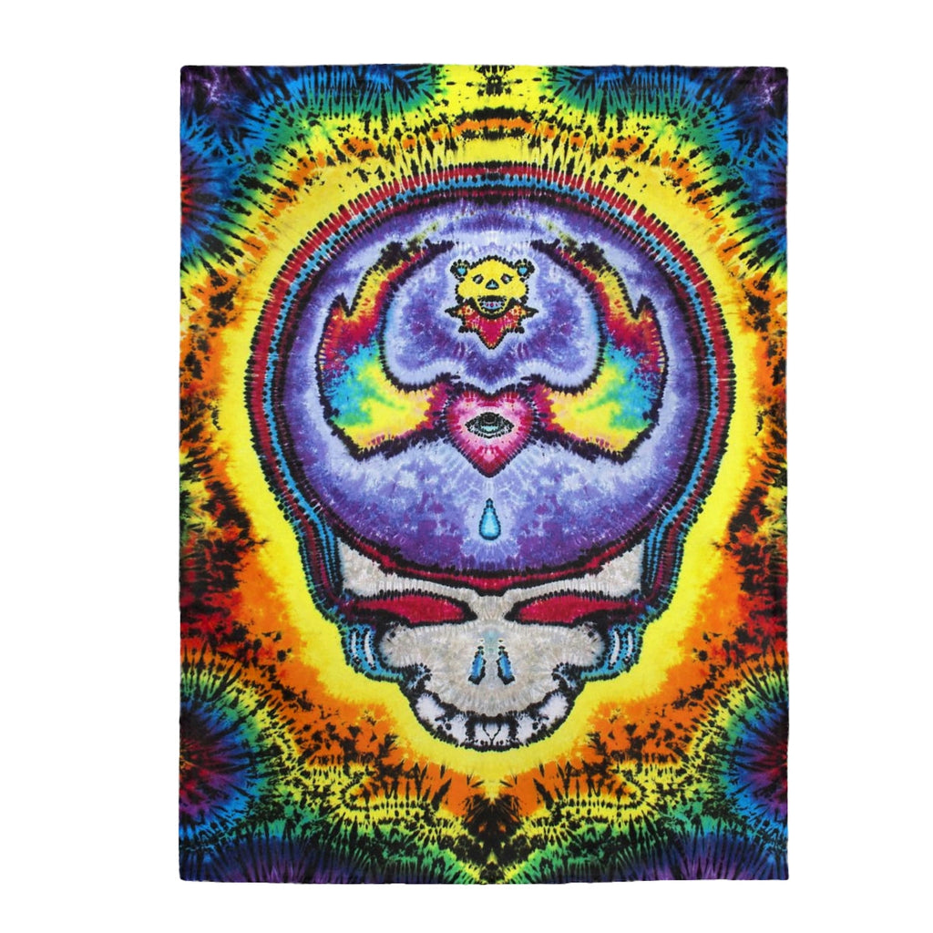 Grateful Dead Stealie tie-dye plush blanket by JamminOn draped as a festival throw