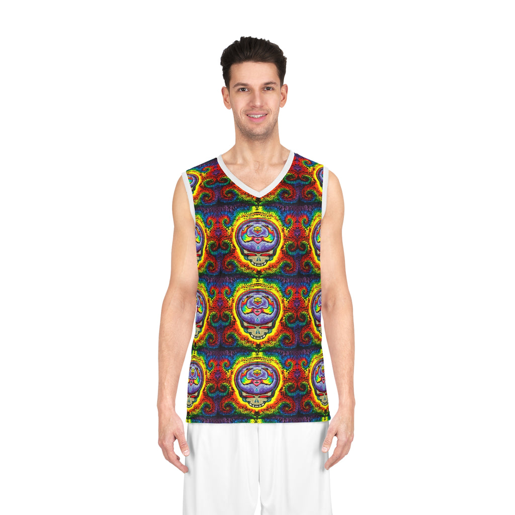 Psychedelic Grateful Dead Skull Basketball Jersey – Rainbow Tie-Dye AOP