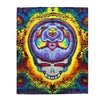 Grateful Dead Stealie tie-dye plush blanket with dancing bear and Steal Your Face skull design by JamminOn