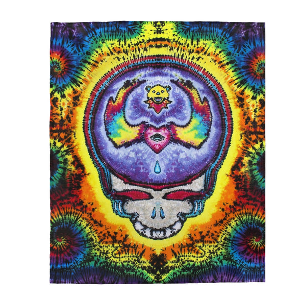 Grateful Dead Stealie tie-dye plush blanket with dancing bear and Steal Your Face skull design by JamminOn